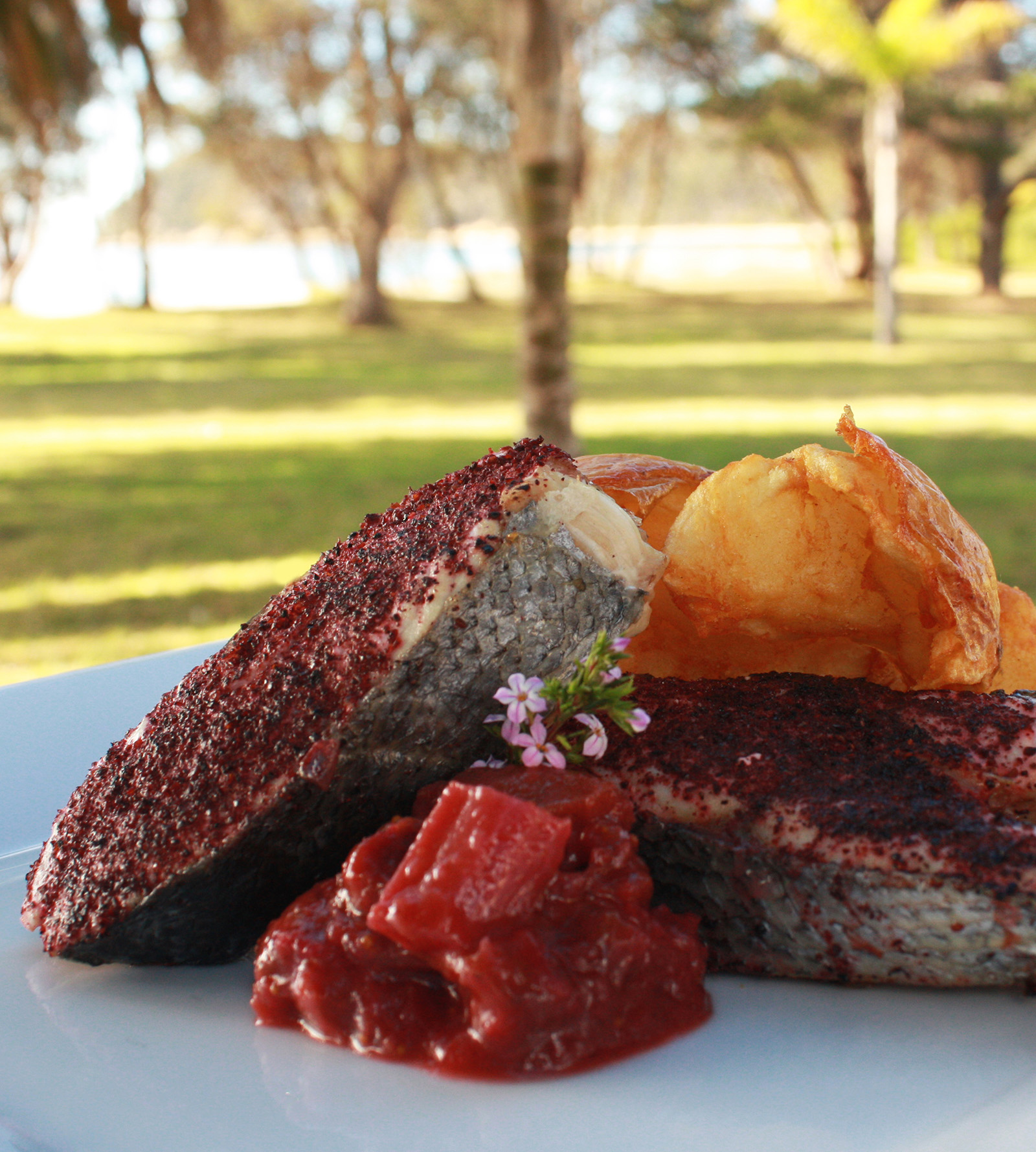 Sumac-crusted Blue Eye Cod with rhubarb & fig chutney - Quicksand Food