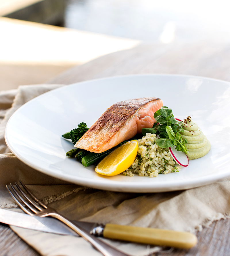 Poached Salmon w/ Avocado, Quinoa, Green Vegetables & Lemon - Quicksand Food